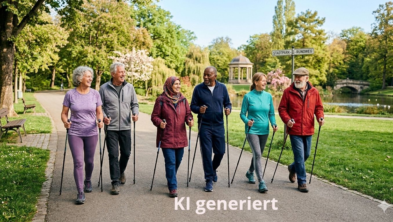 Friedhofsweg mit Bäumen; Logo Evangelischer Friedhof Gütersloh.