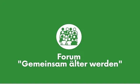 Forum: "Gemeinsam älter werden." Symbol einer Personengruppe auf grünem Grund.