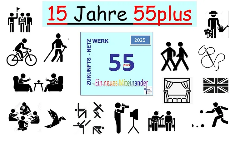 Grafik feiert 15 Jahre „55plus“ mit Symbolen für verschiedene Seniorenaktivitäten.
