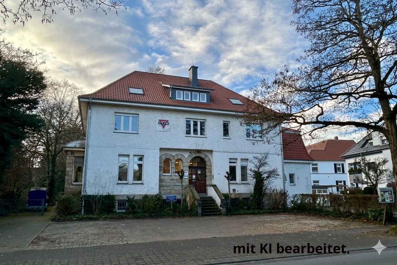 Moderne Backsteinkirche mit braunem Turm und violettem Banner über Freiheit.