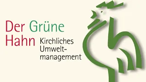 Friedhofsweg mit Bäumen; Logo Evangelischer Friedhof Gütersloh.