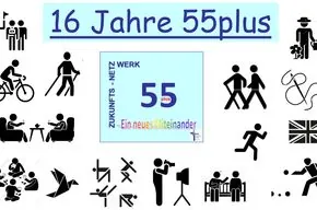 Grafik feiert 15 Jahre „55plus“ mit Symbolen für verschiedene Seniorenaktivitäten.