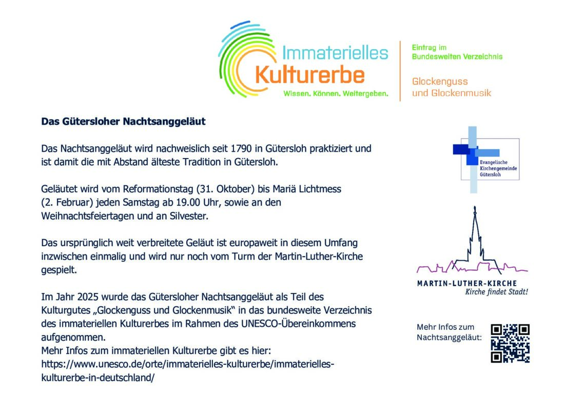 Flyer über Gütersloher Nachtsangeläut, UNESCO-anerkanntes Kulturerbe.