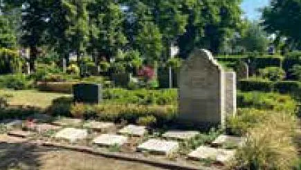 Friedhofsweg mit Bäumen; Logo Evangelischer Friedhof Gütersloh.